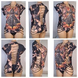 Black and Orange Graphic Cutout T-Shirt